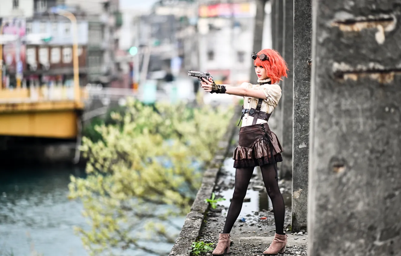 Photo wallpaper gun, model, skirt, portrait, makeup, hairstyle, blouse, tights