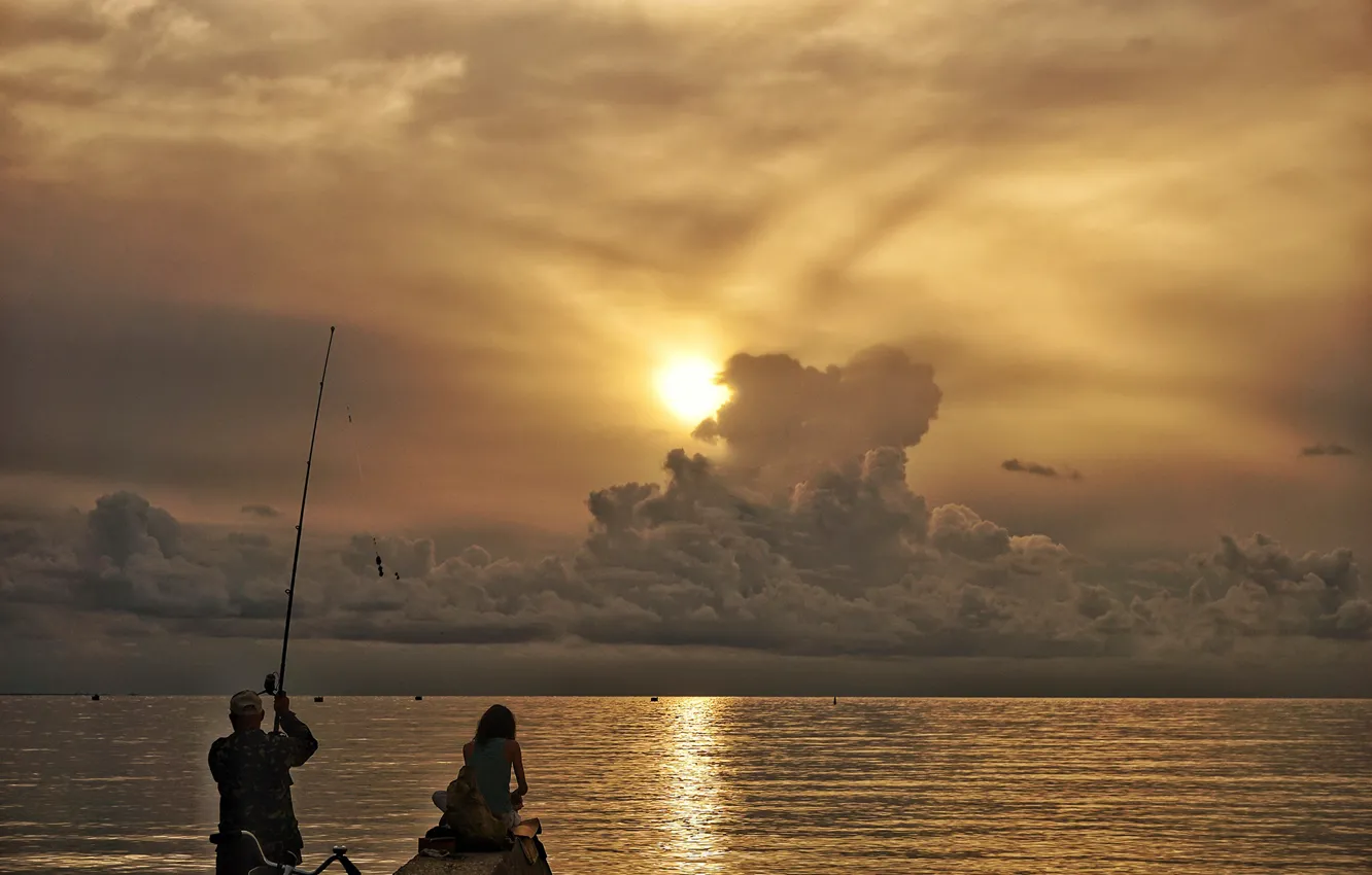 Photo wallpaper sea, the sky, girl, the sun, clouds, landscape, sunset, bike