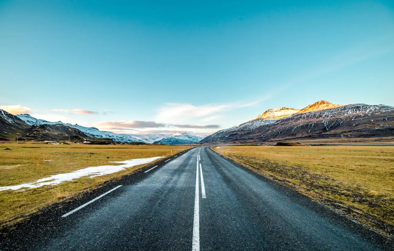 Photo wallpaper clear sky, road, sky, landscape, nature, mountains, snow, cyan