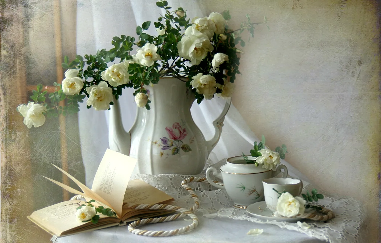 Photo wallpaper bouquet, texture, briar, dishes, book, still life, cord, vintage