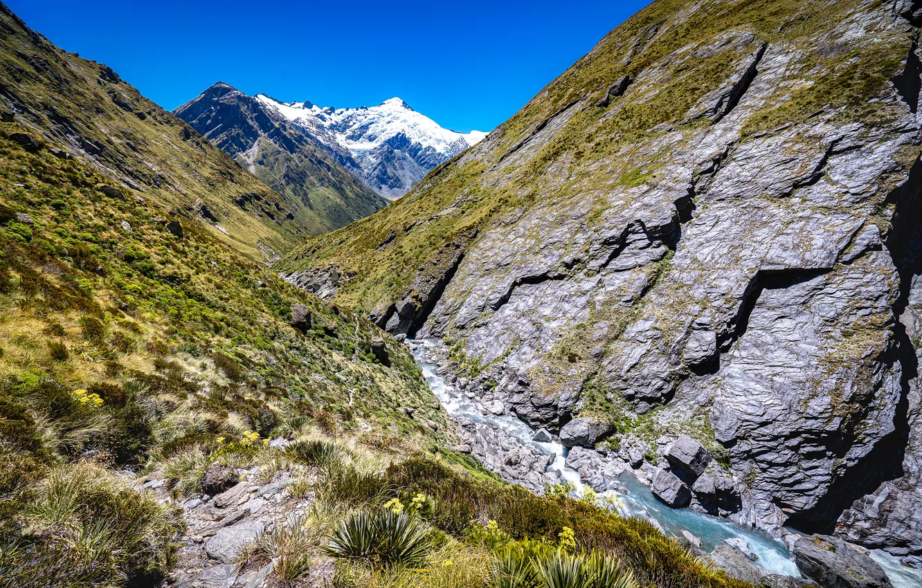 Photo wallpaper mountains, nature, river, rocks, New Zealand