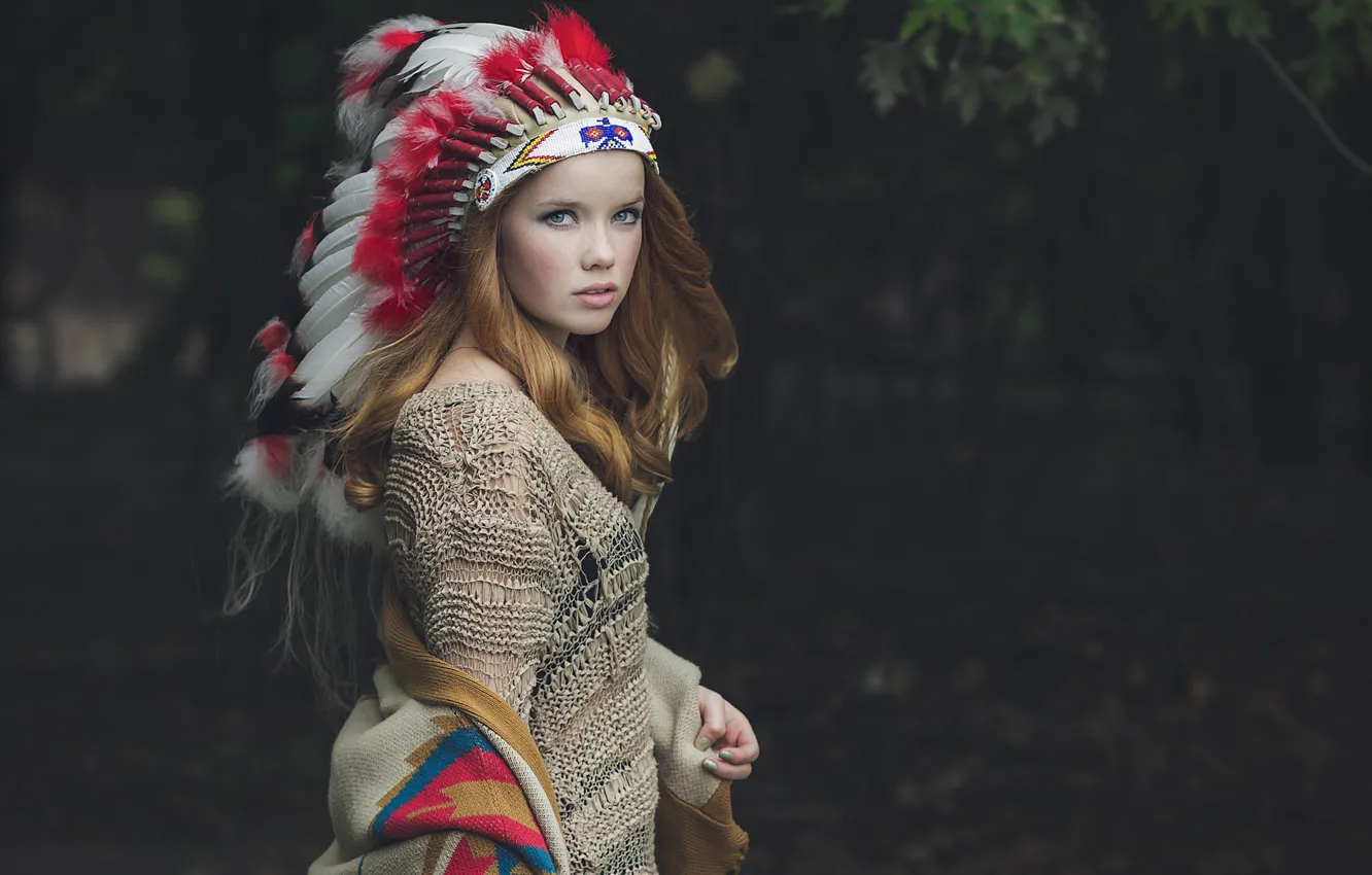 Photo wallpaper forest, girl, feathers, image, Redhead