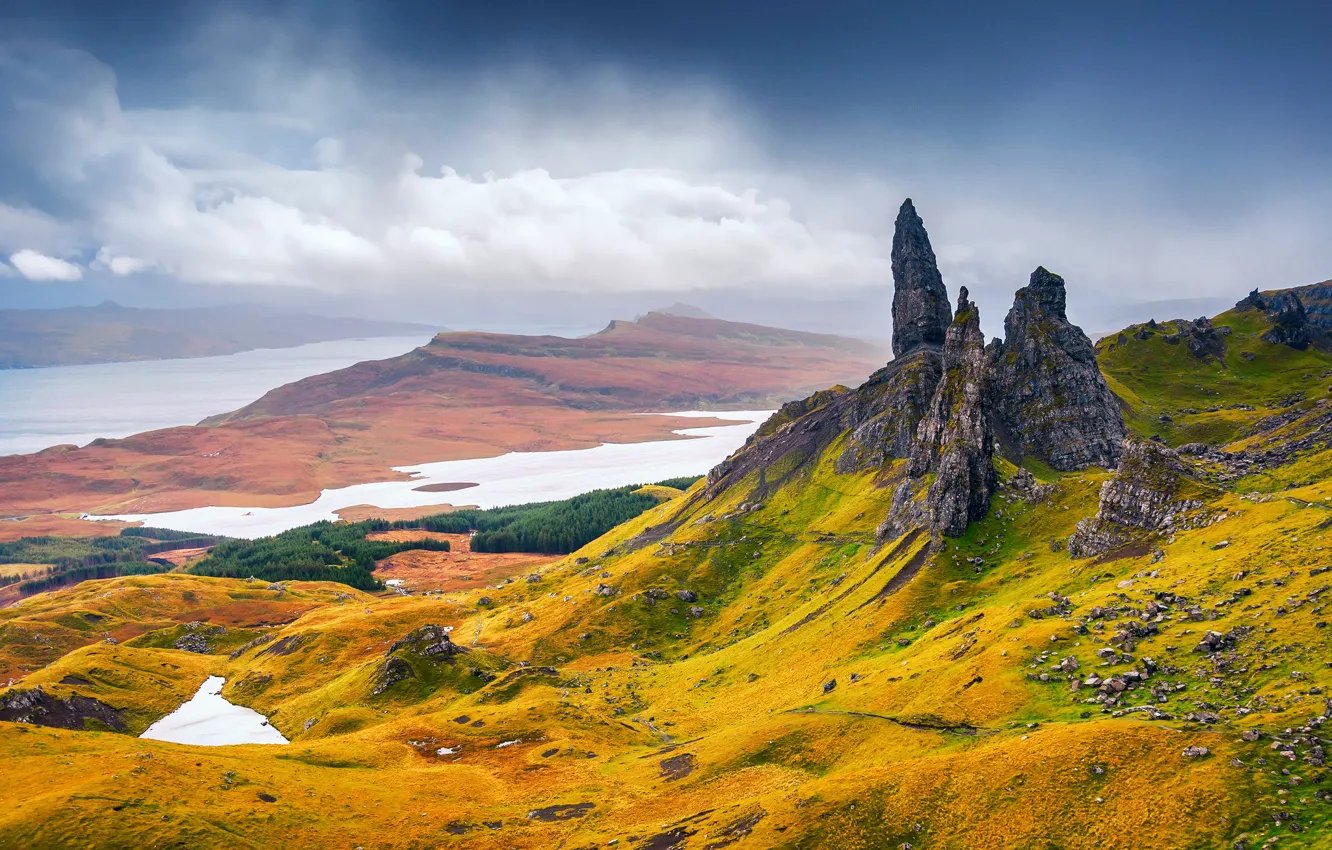 Photo wallpaper autumn, rocks, Scotland, region highland, the Trotternish Peninsula, The Storr