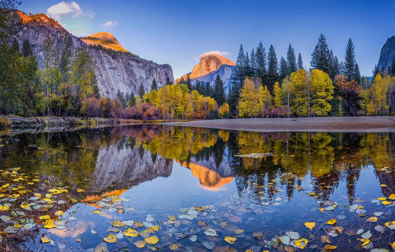Photo wallpaper autumn, forest, the sky, clouds, trees, mountains, reflection, river