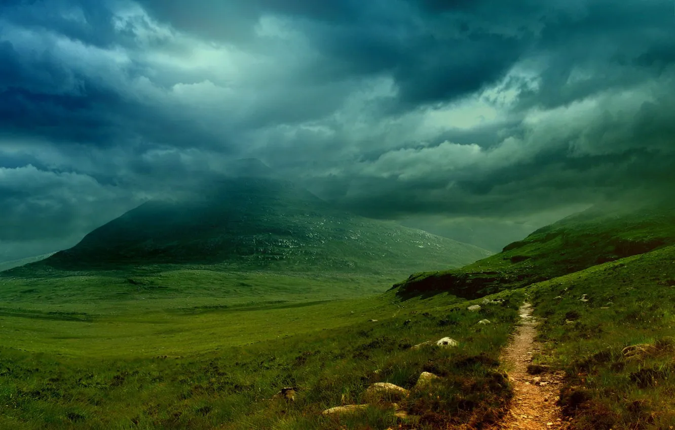 Photo wallpaper clouds, mountains, trail
