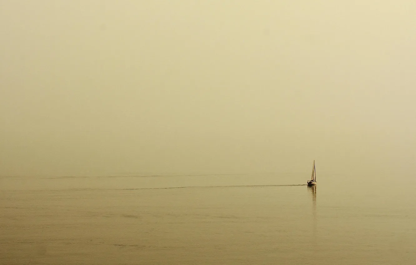 Photo wallpaper sea, fog, morning, yacht, sail, haze, calm, lonely boat