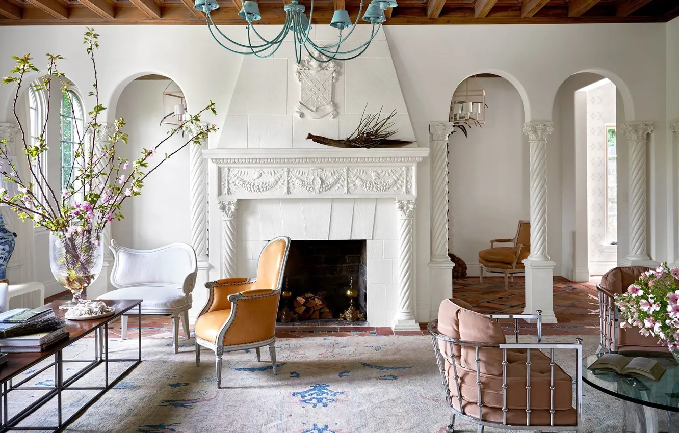 Photo wallpaper design, style, interior, fireplace, living room, white living room