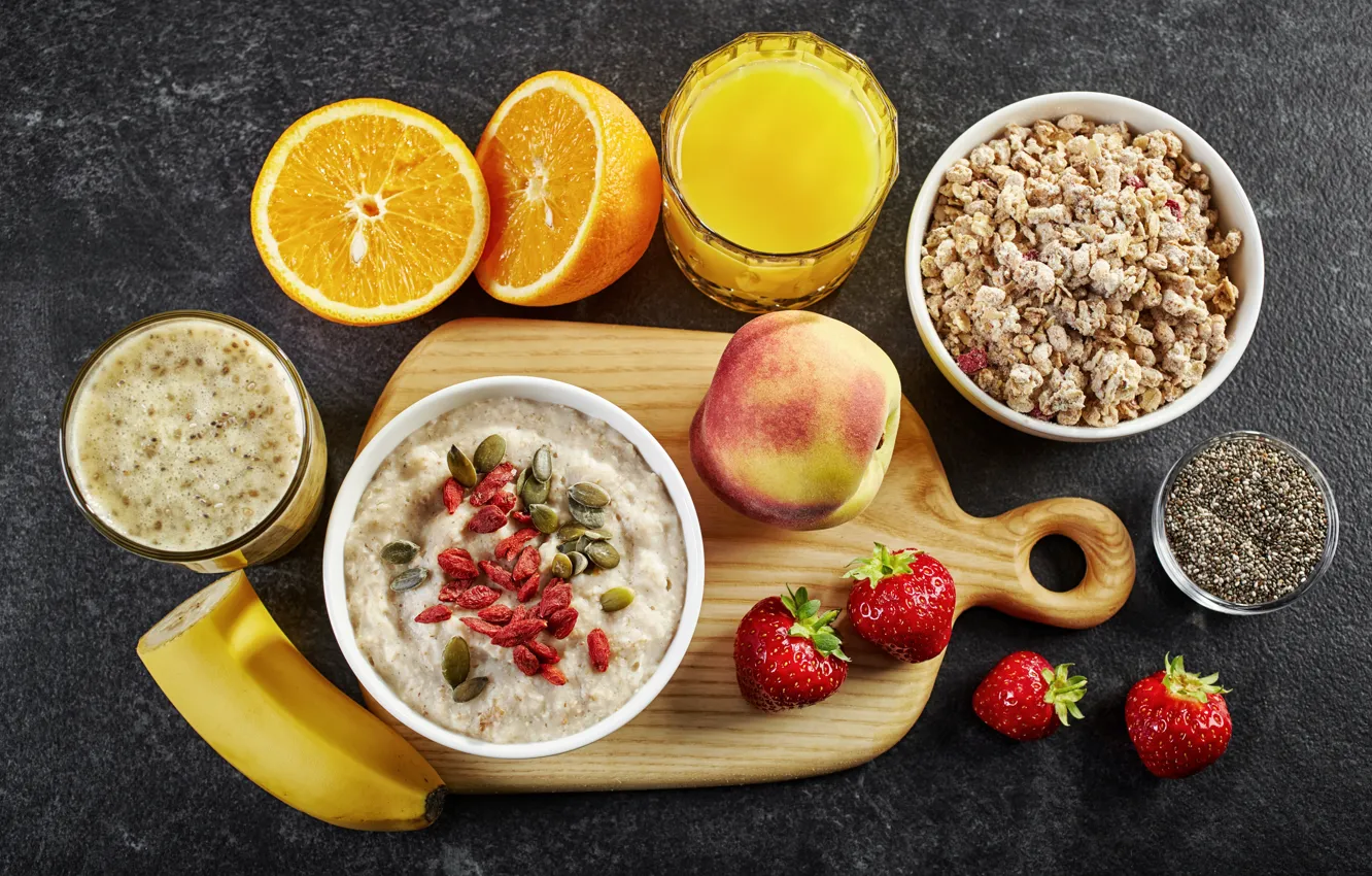 Photo wallpaper berries, orange, Breakfast, strawberry, fruit, peach, porridge, oatmeal