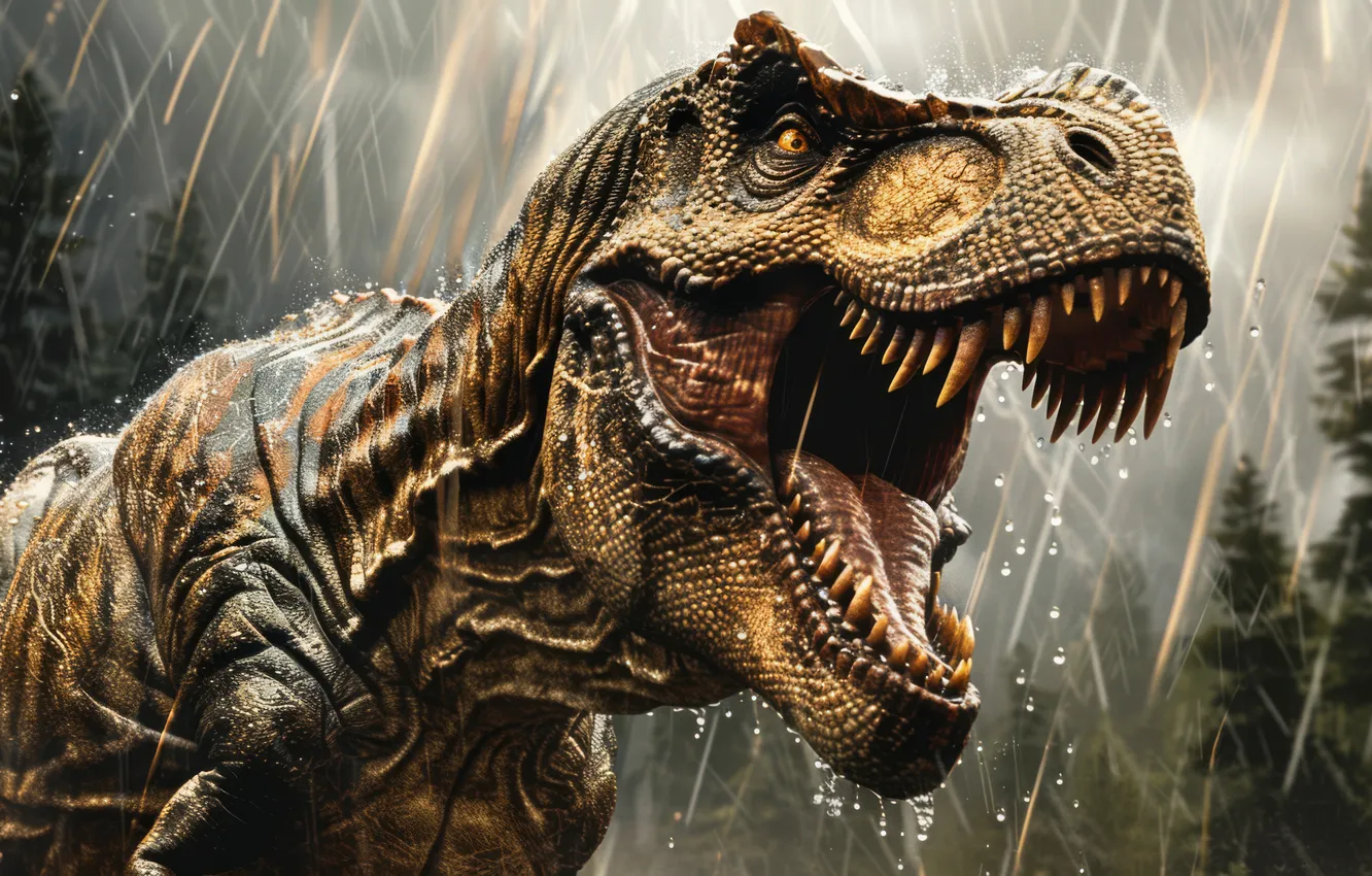 Photo wallpaper face, rain, animal, dinosaur, predator, teeth, grin, closeup