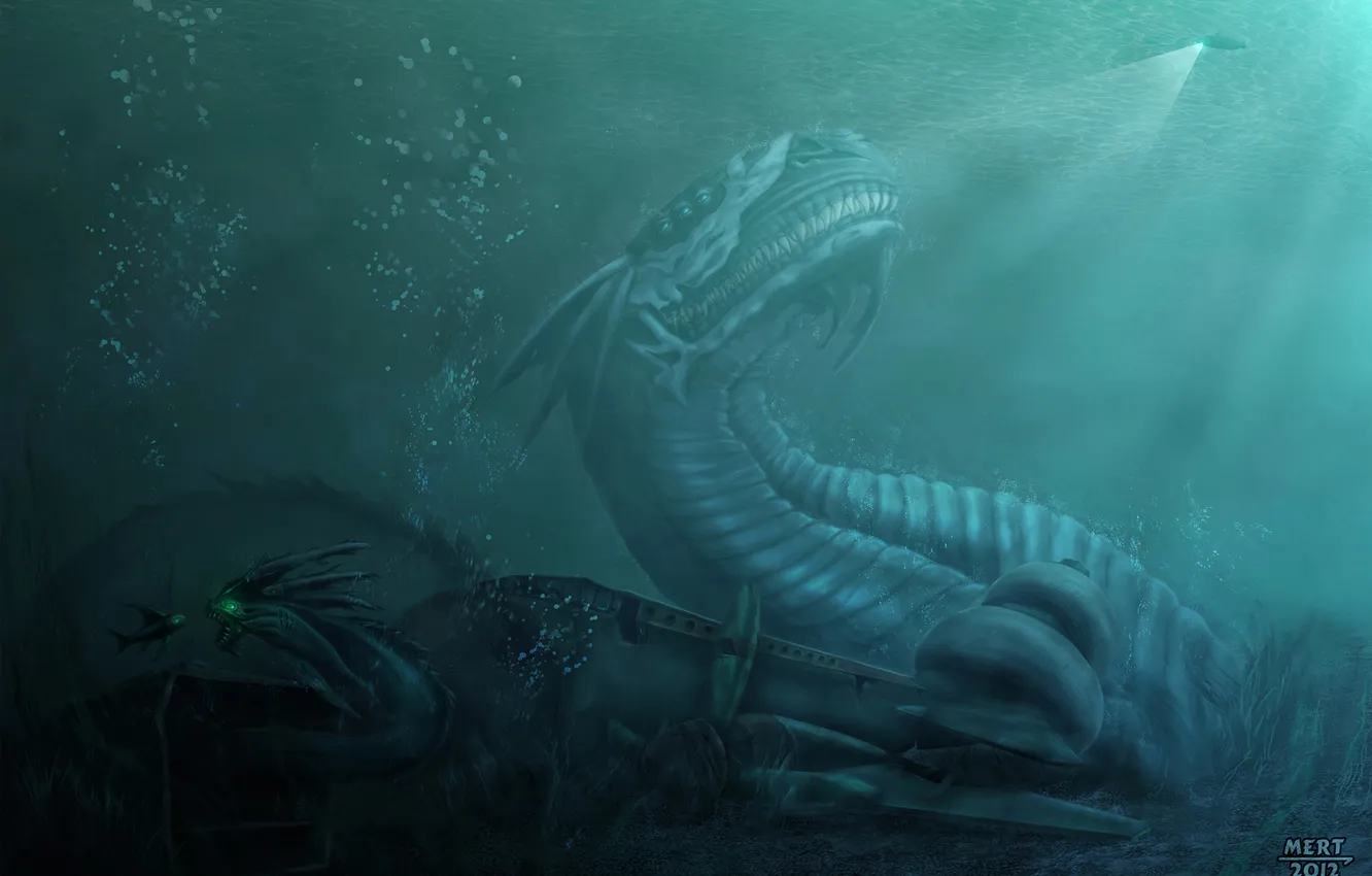 Photo wallpaper sea, danger, monster, fish, the skeleton, art, the plane, submarine