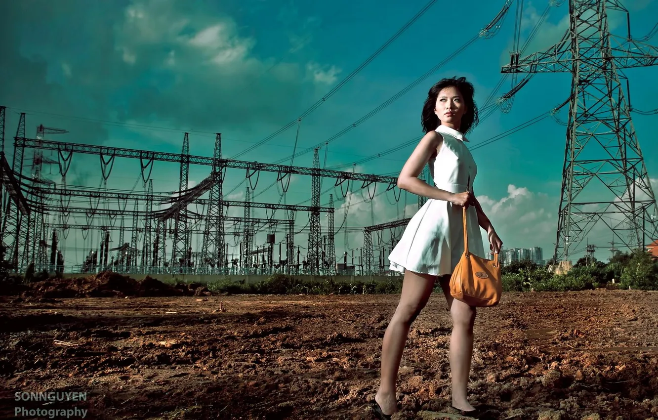 Photo wallpaper girl, Asian, power lines
