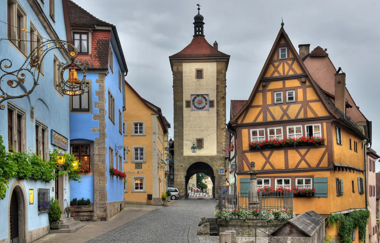 Photo wallpaper flowers, street, watch, tower, home, Germany, lights, Rothenburg
