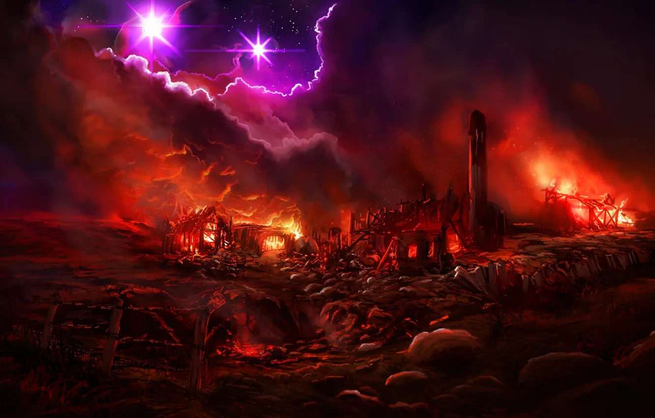 Photo wallpaper stars, landscape, night, clouds, lights, fire, the fence