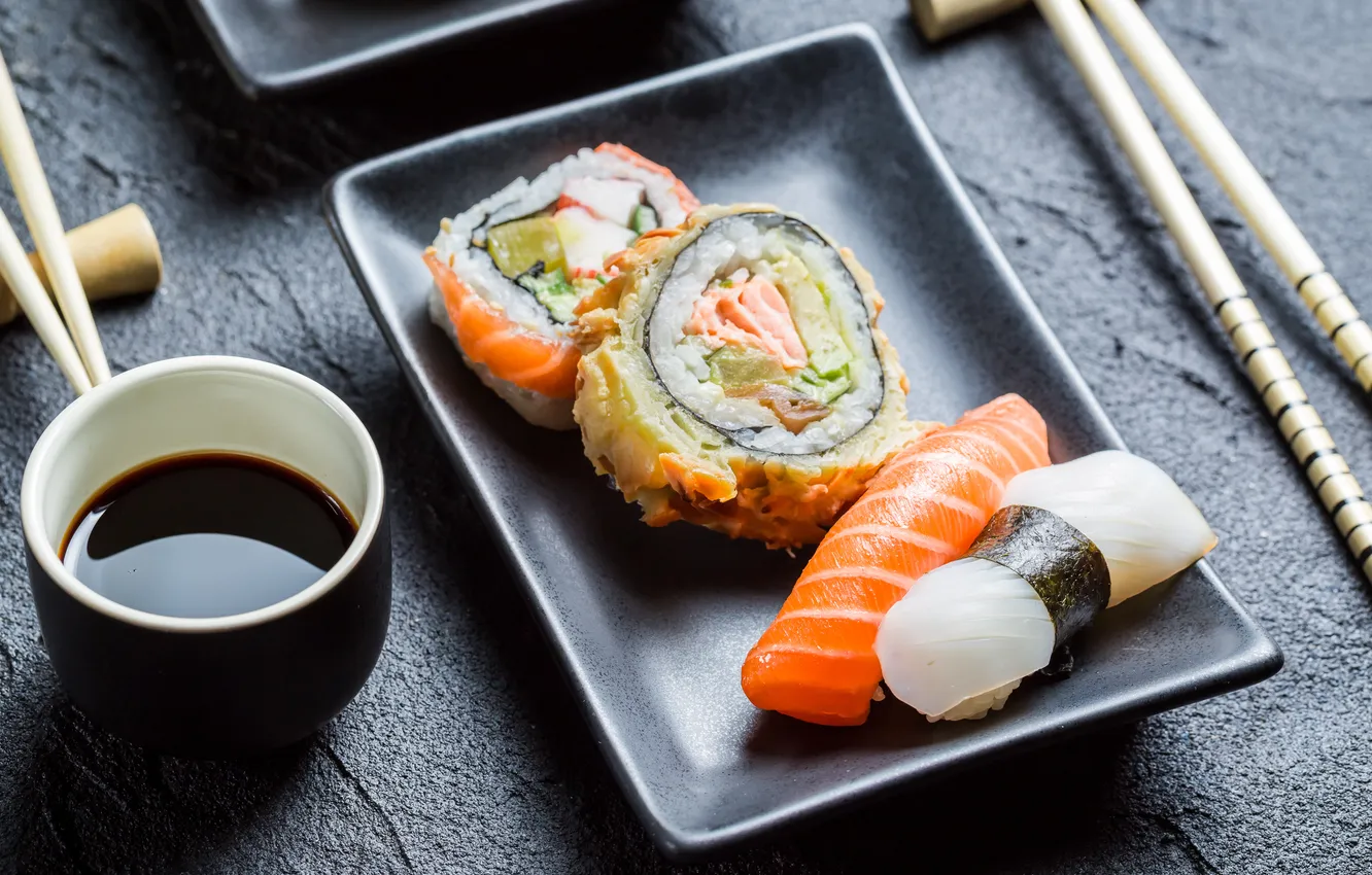 Photo wallpaper fish, sticks, sushi, rolls, filling, Japanese cuisine, soy sauce, salmon