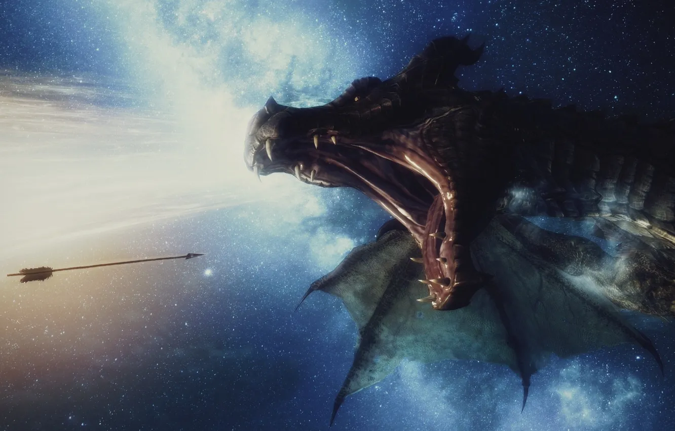 Photo wallpaper the sky, stars, dragon, the game, mouth, arrows, Skyrim, Skyrim