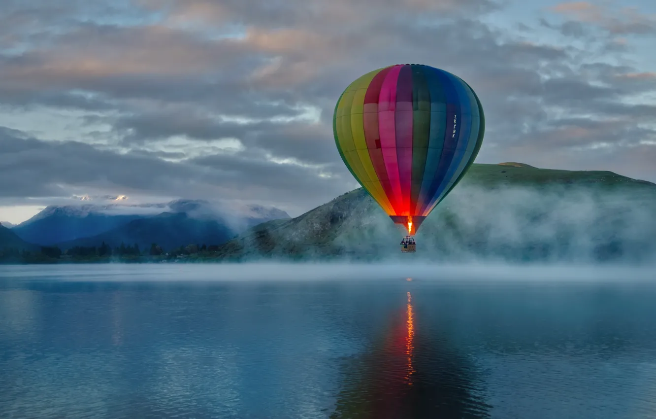 Photo wallpaper mountains, clouds, lake, morning, fog, hill, sunrise, balloon