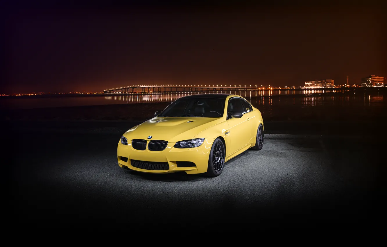 Photo wallpaper night, the city, lights, yellow, bmw, BMW, yellow, e92