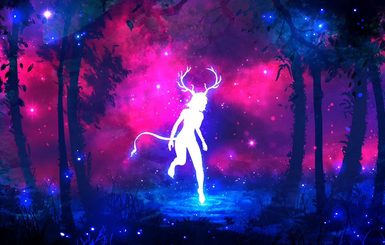 Photo wallpaper forest, purple, grass, water, girl, space, stars, trees