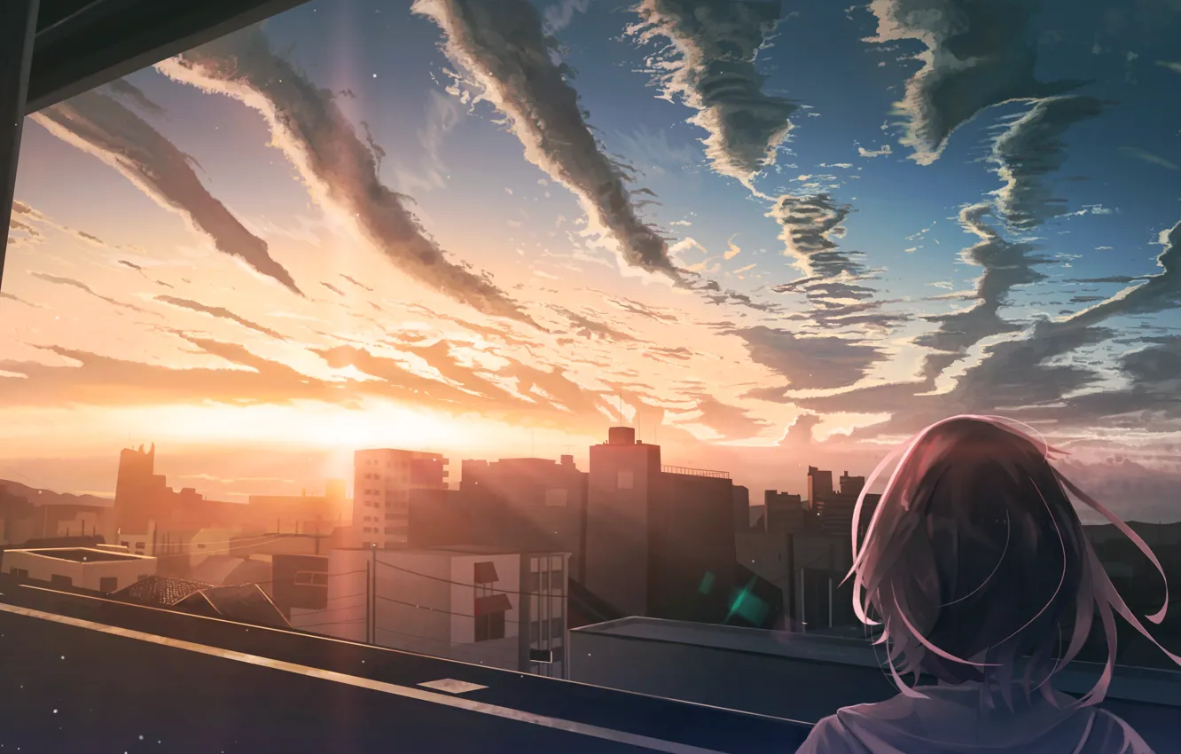 Photo wallpaper girl, sunset, the city