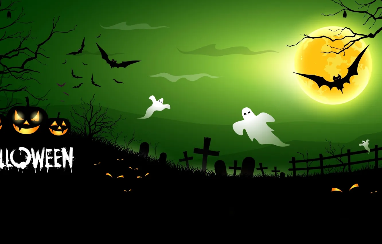 Photo wallpaper Ghost, cemetery, Halloween, pumpkin, horror, horror, scary, Halloween