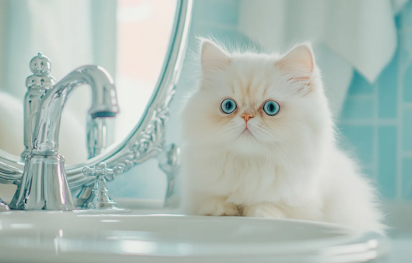Photo wallpaper cat, white, look, water, pose, crane, sink, mirror