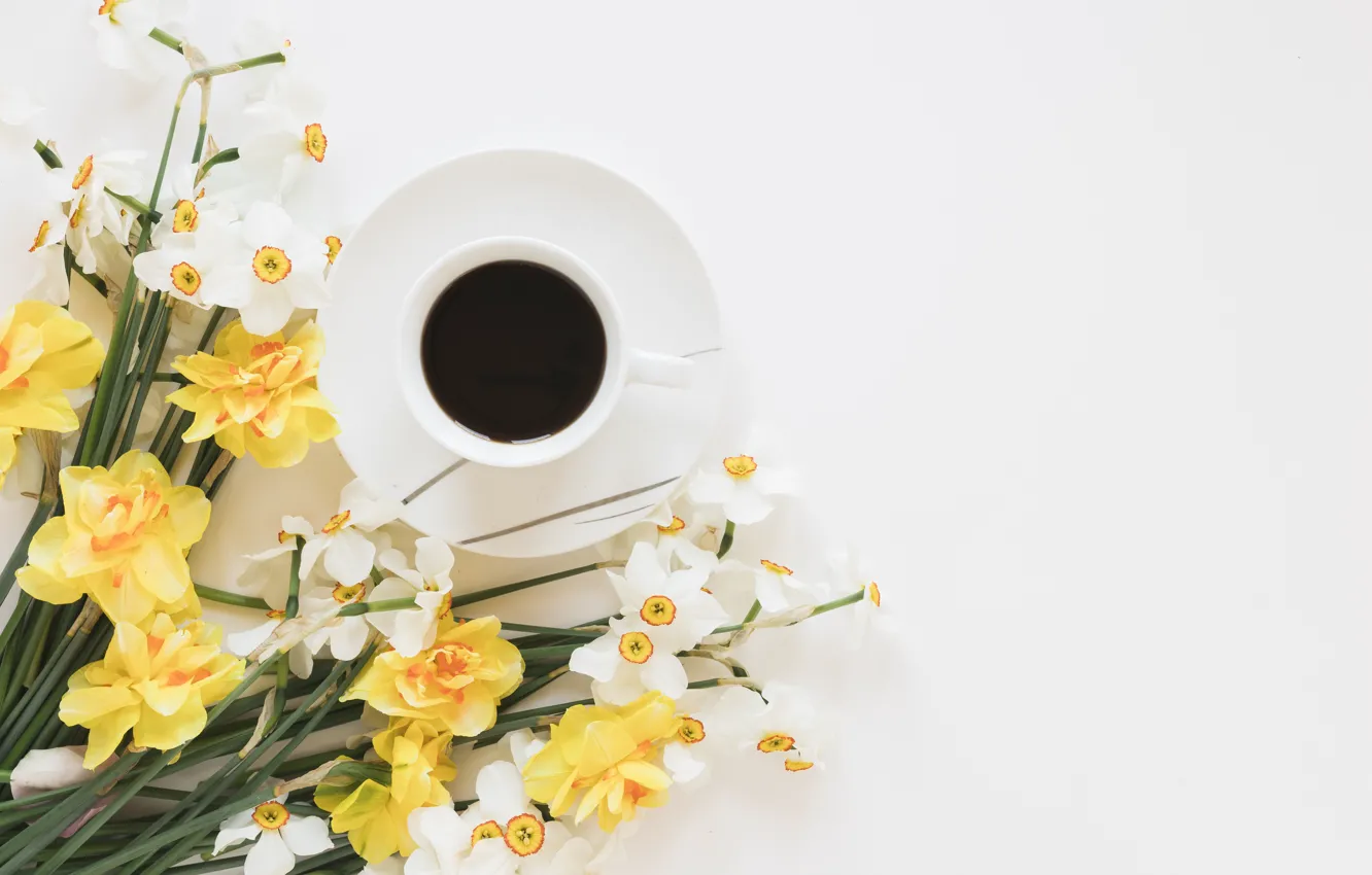 Photo wallpaper flowers, coffee, drink, daffodils