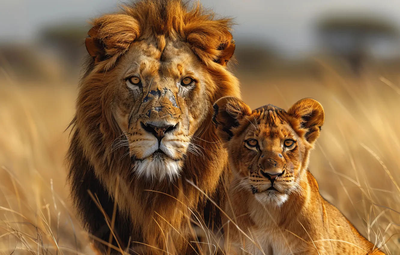 Photo wallpaper grass, look, predator, Leo, two, lioness, front, big cats