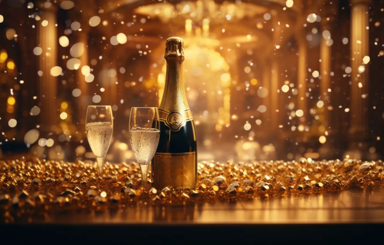 Photo wallpaper lights, holiday, wine, Shine, glass, bottle, new year, Christmas