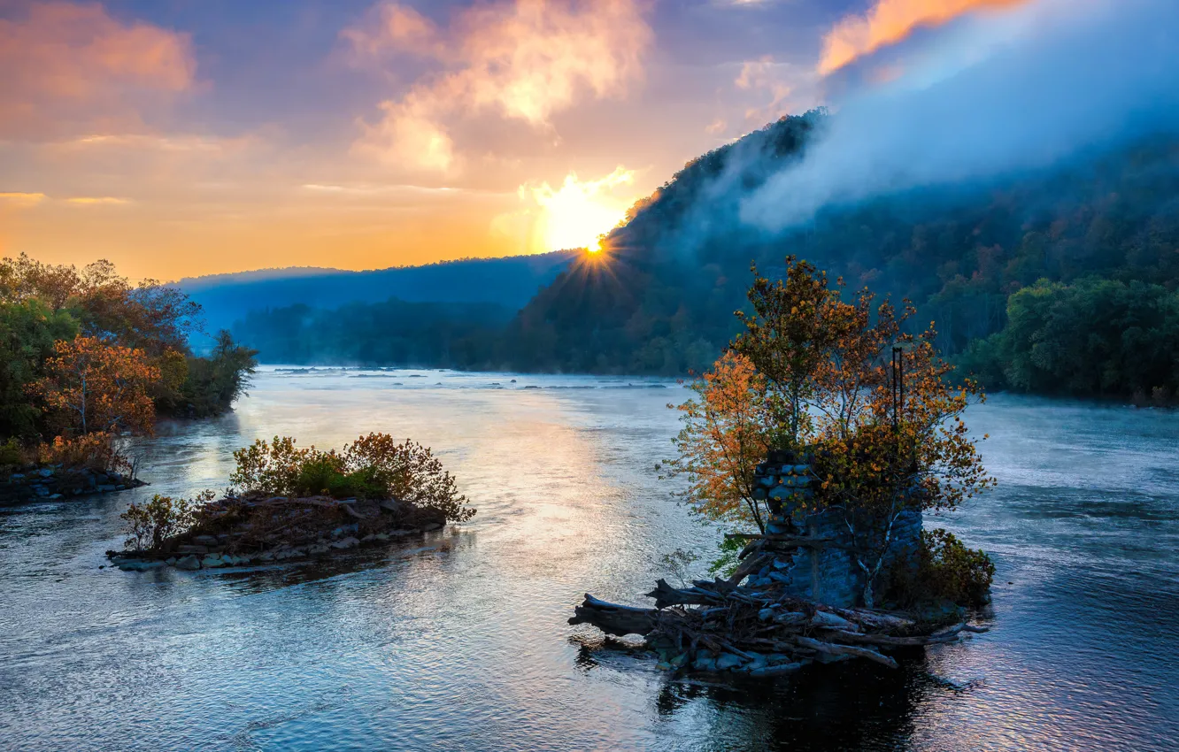 Photo wallpaper autumn, trees, mountains, river, sunrise, dawn, morning, island