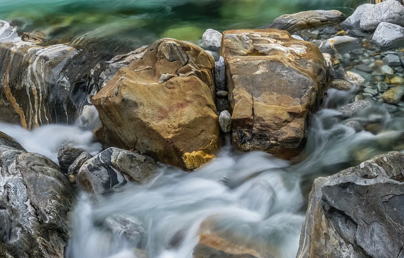 Photo wallpaper water, stream, stones, stream