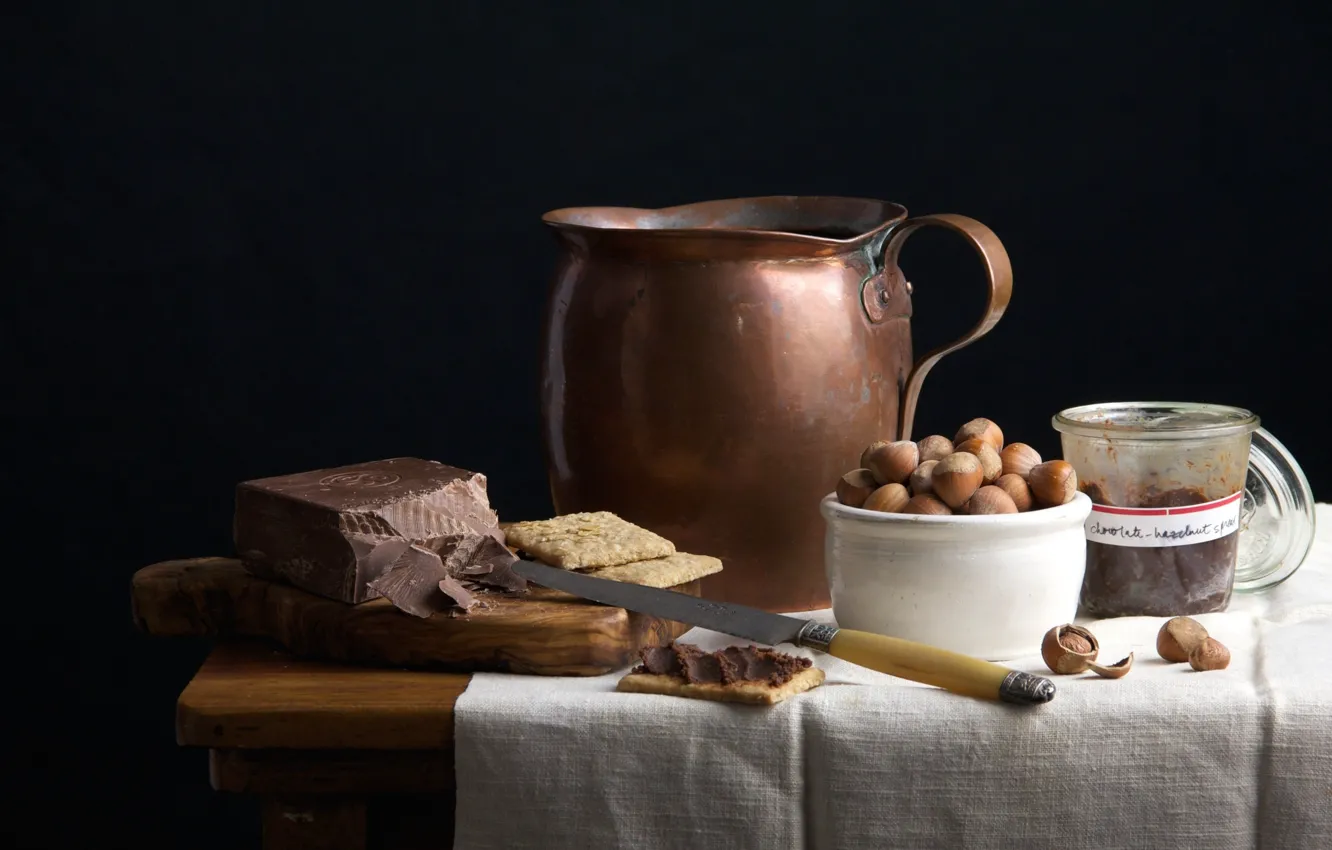 Photo wallpaper table, chocolate, cookies, knife, Board, pitcher, nuts, still life