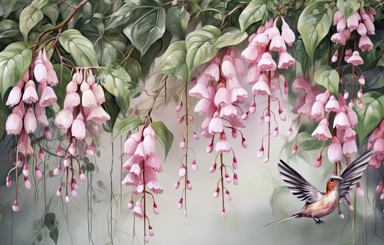 Photo wallpaper leaves, flight, flowers, nature, bird, garden, Hummingbird, watercolor