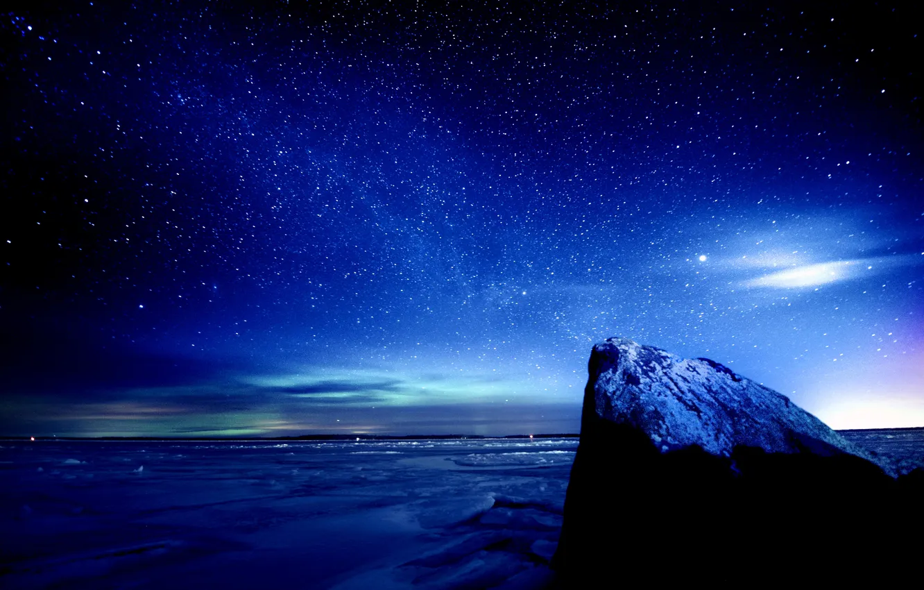 Photo wallpaper ice, stars, clouds, landscape, nature, Northern lights, horizon, ice