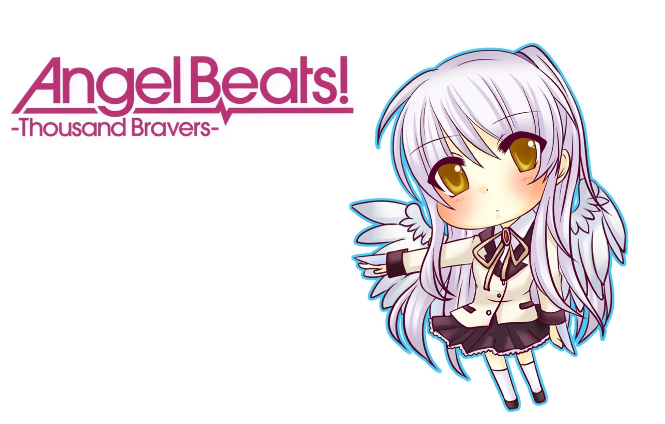 Photo wallpaper Chibi, school uniform, Tenshi, yellow eyes, Kanade Tachibana, white wings, Angel Beats!, long white hair