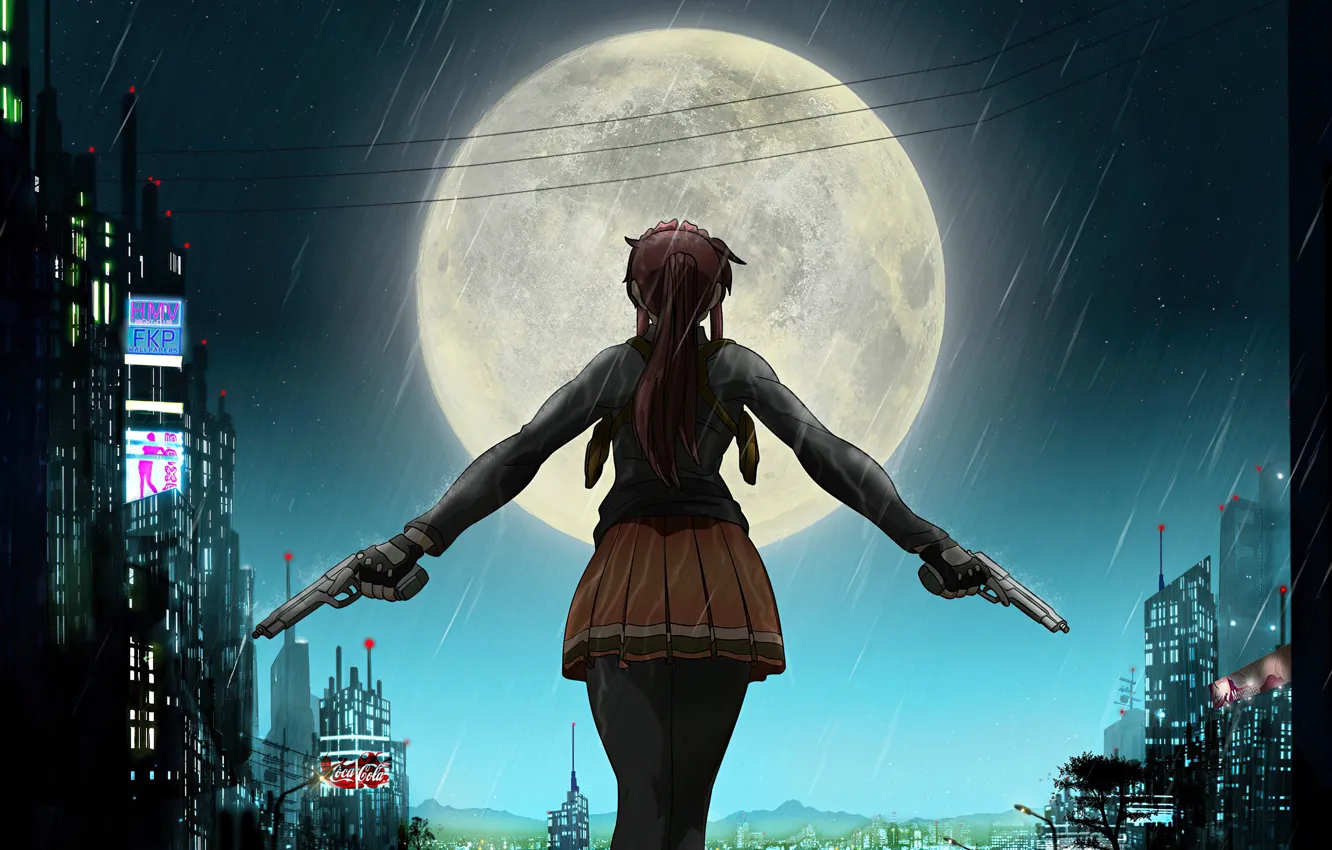 Photo wallpaper night, city, the city, weapons, rain, the moon, back, home
