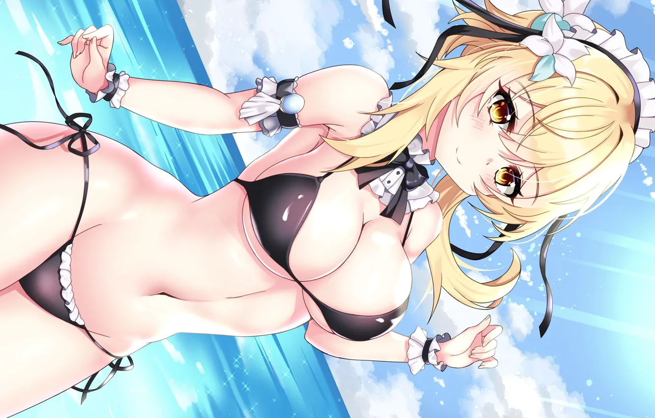 Photo wallpaper girl, sexy, cleavage, long hair, sea, boobs, anime, beautiful