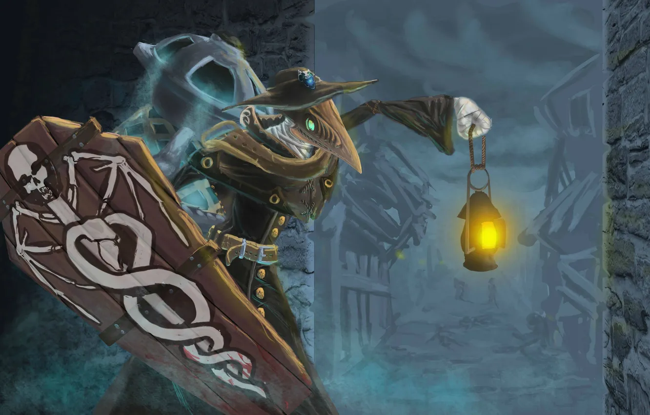 Photo wallpaper the city, wall, beak, mask, art, lights, shield, League of Legends