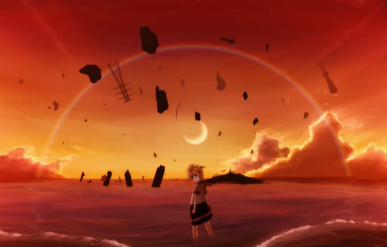 Photo wallpaper the sky, water, clouds, sunset, rainbow, a month, art, guy