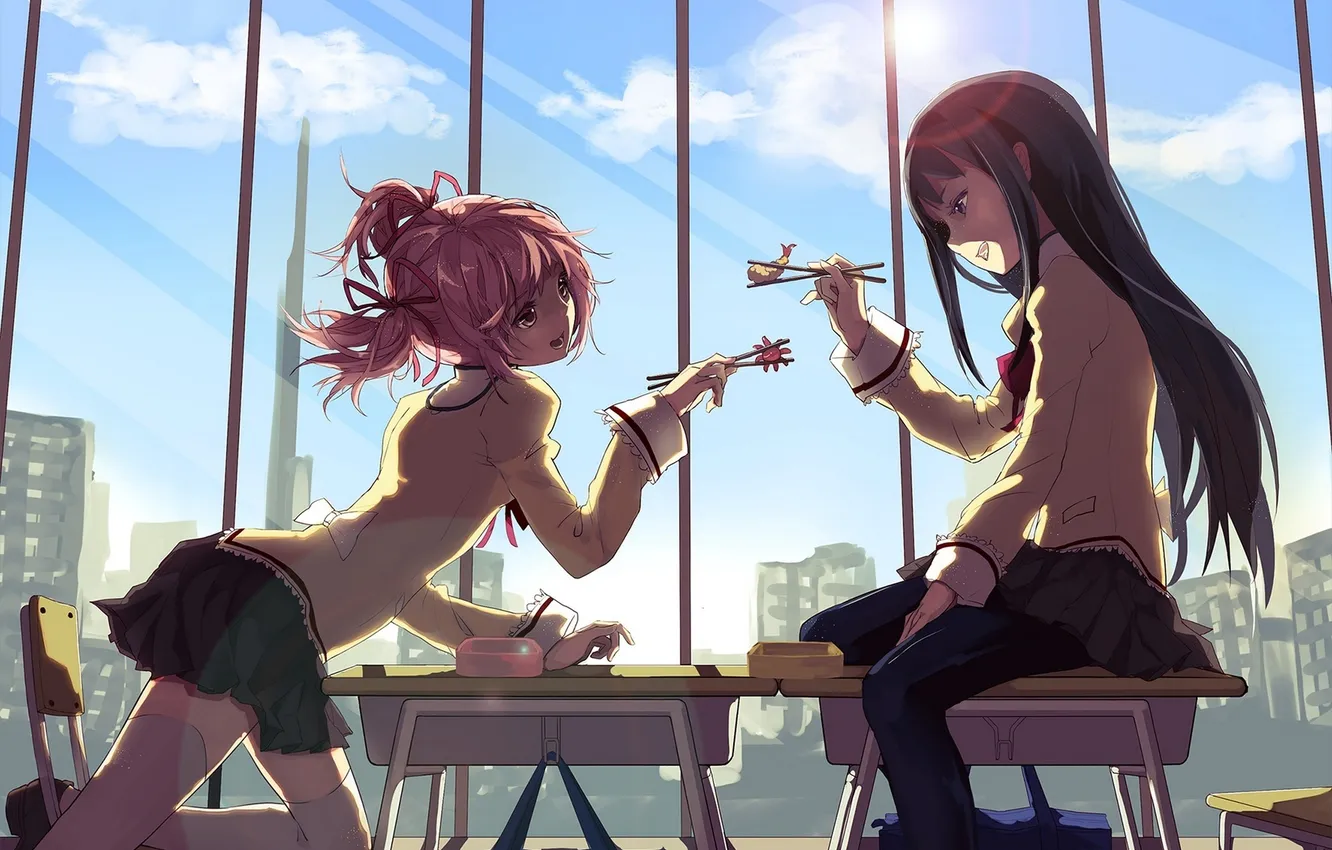 Photo wallpaper girl, the sun, clouds, anime, art, schoolgirl, mahou shoujo madoka magica, homura akemi