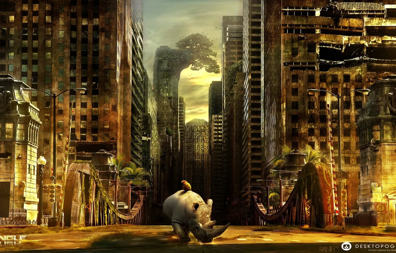 Photo wallpaper the city, parrot, the ruins, Rhino, desktopography, postapocalyptic