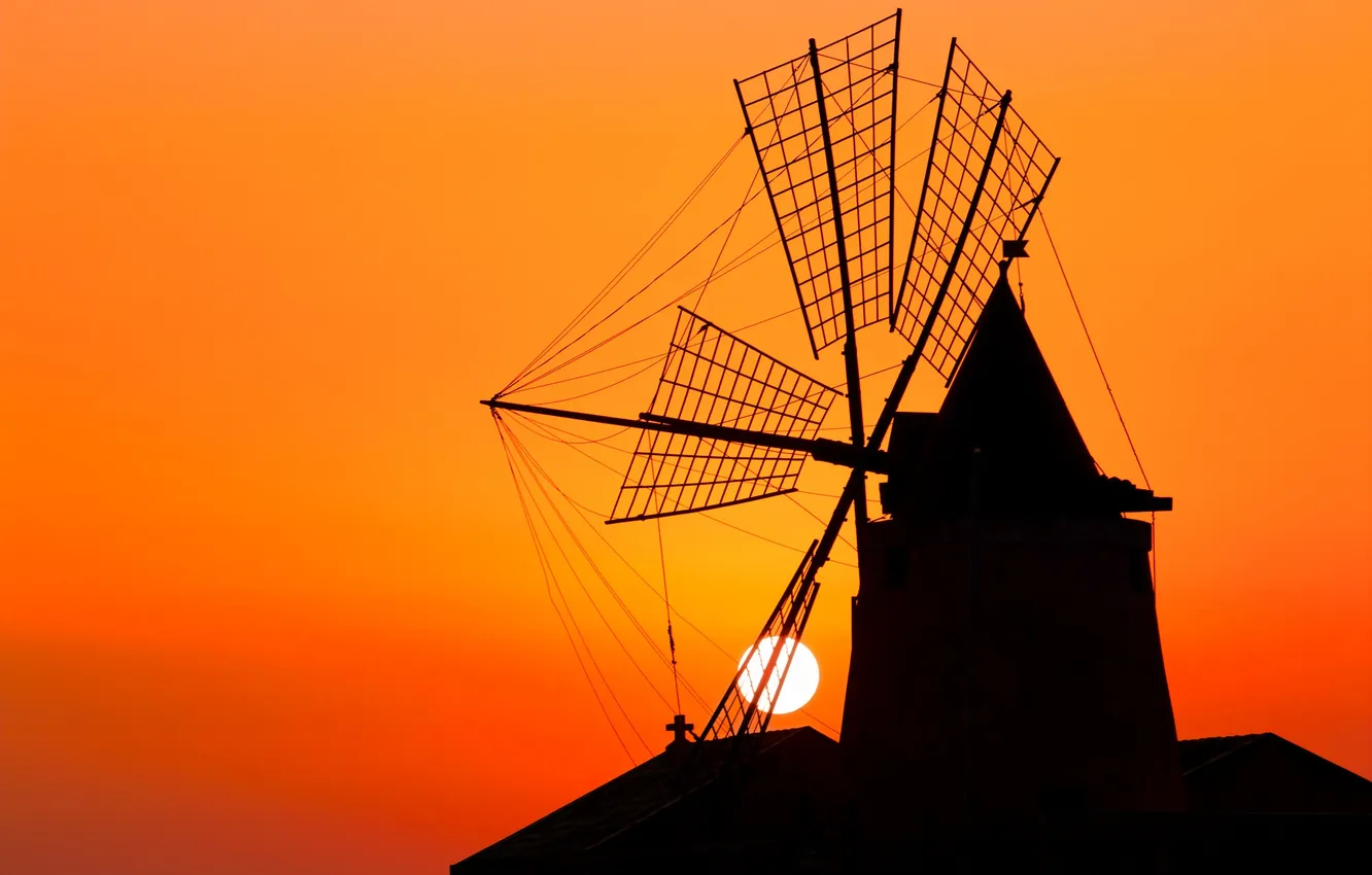 Photo wallpaper the sky, the sun, sunset, silhouette, windmill