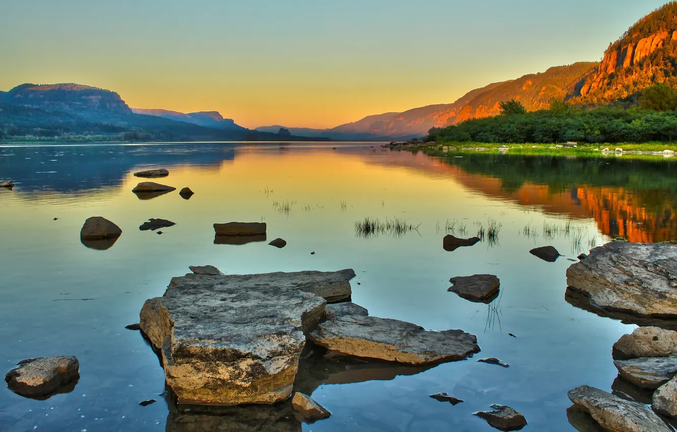 Photo wallpaper the sky, sunset, mountains, lake, stones
