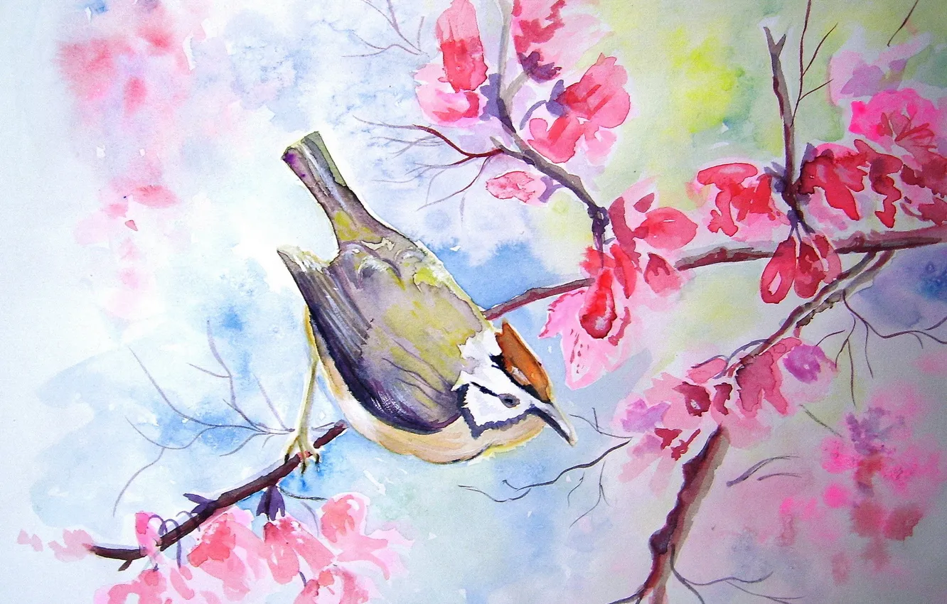 Photo wallpaper tree, bird, watercolor