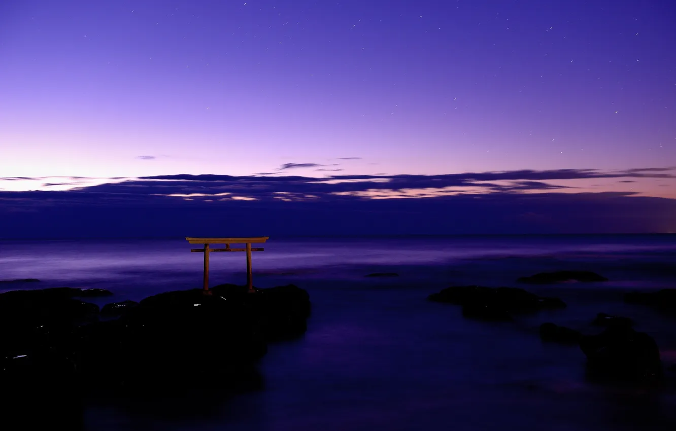 Photo wallpaper the sky, clouds, the ocean, gate, Japan, Japan, torii