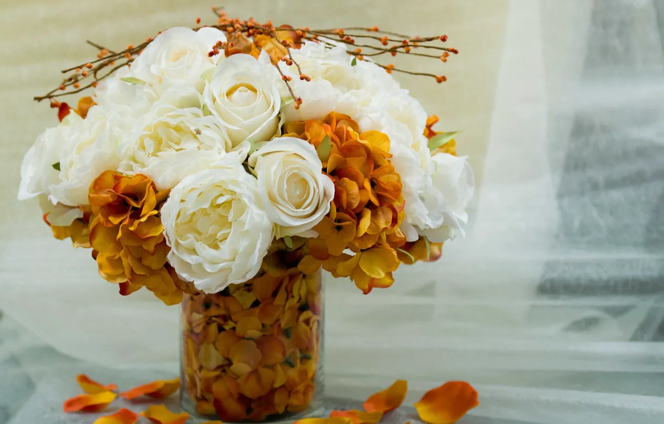 Photo wallpaper white, flowers, orange, background, widescreen, Wallpaper, bouquet, petals