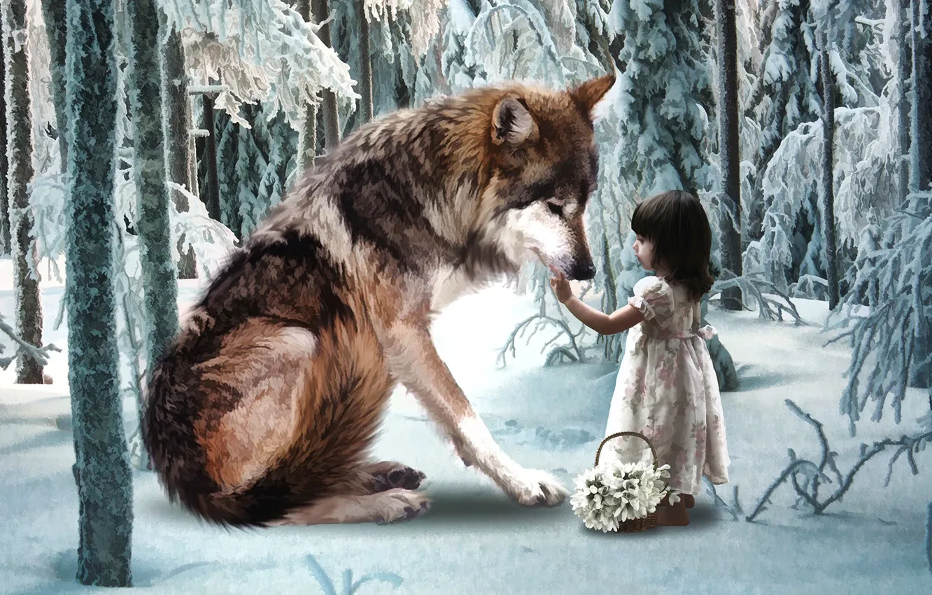 Photo wallpaper winter, forest, wolf, girl