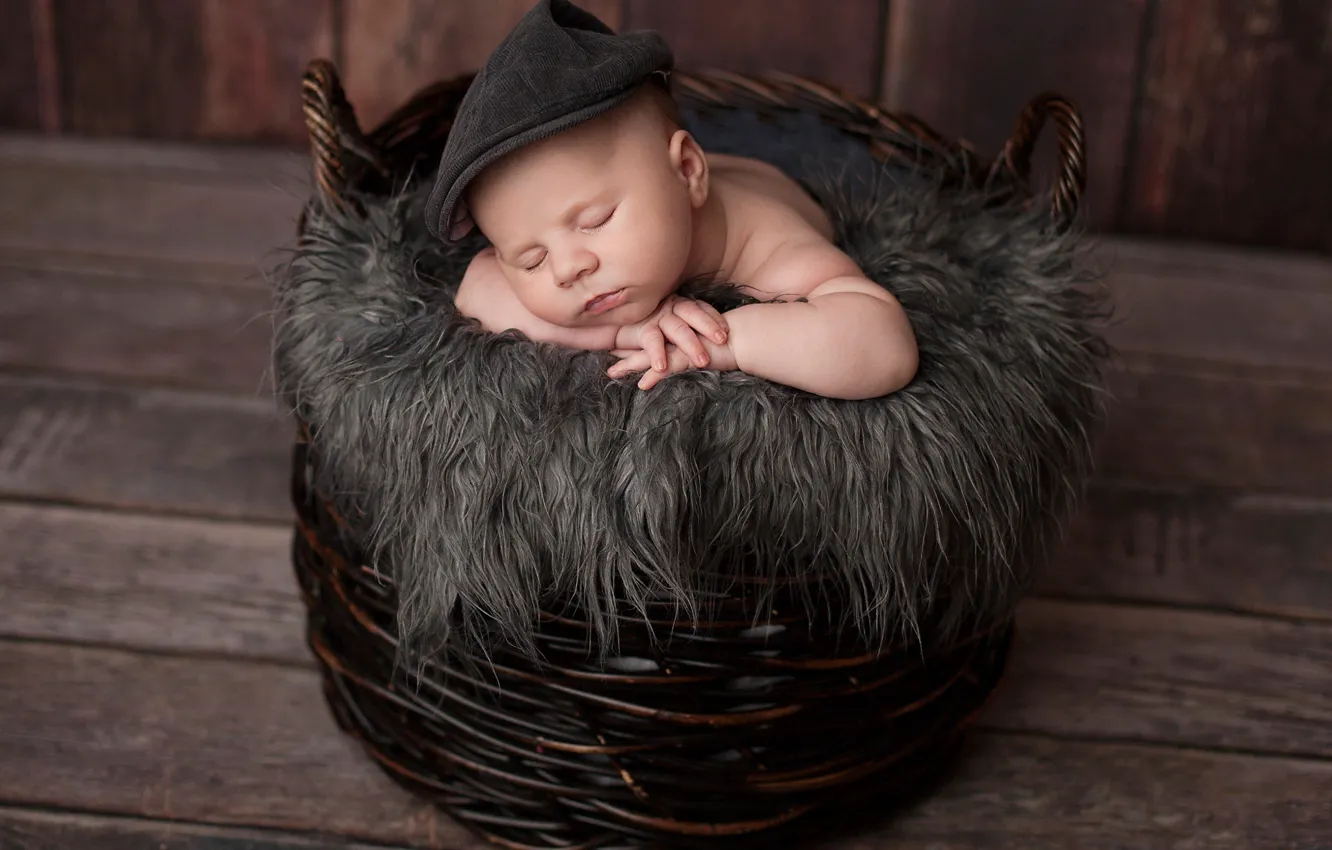 Photo wallpaper basket, Board, boy, baby, fur, cap, child, baby