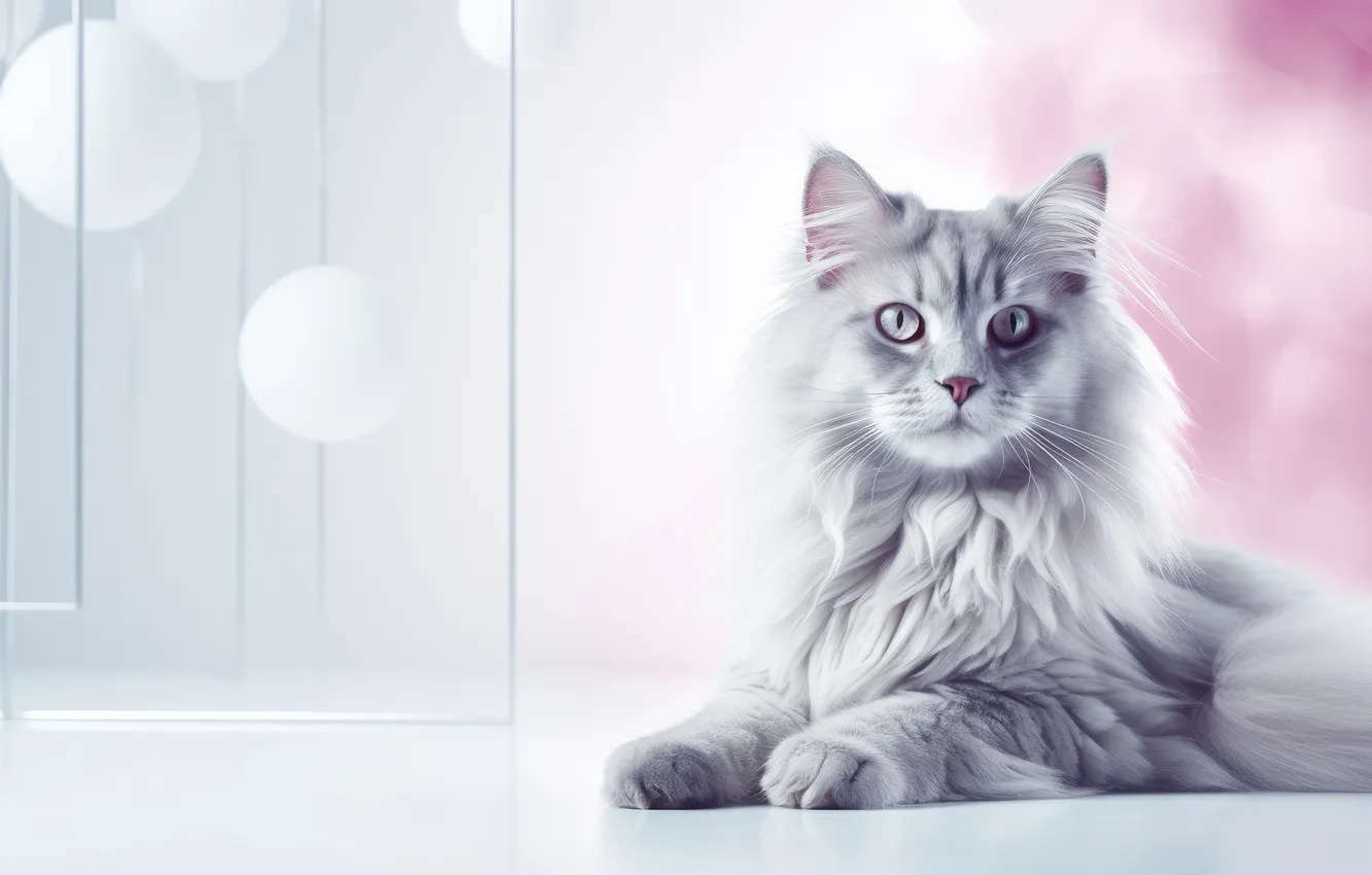 Photo wallpaper cat, cat, look, pose, grey, fluffy, face, light background