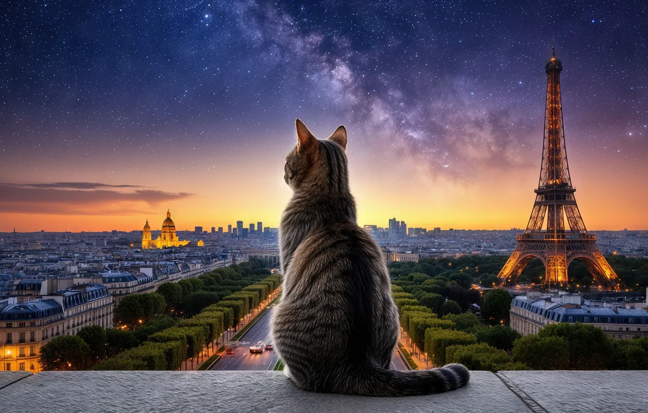 Photo wallpaper cat, cat, night, the city, lights, pose, grey, France