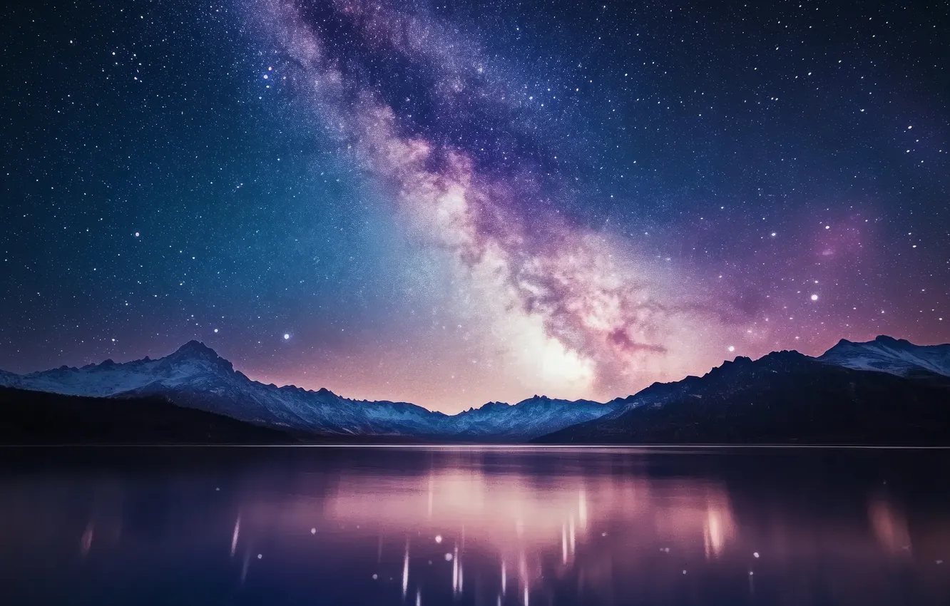 Photo wallpaper the sky, stars, clouds, landscape, mountains, night, nature, lake